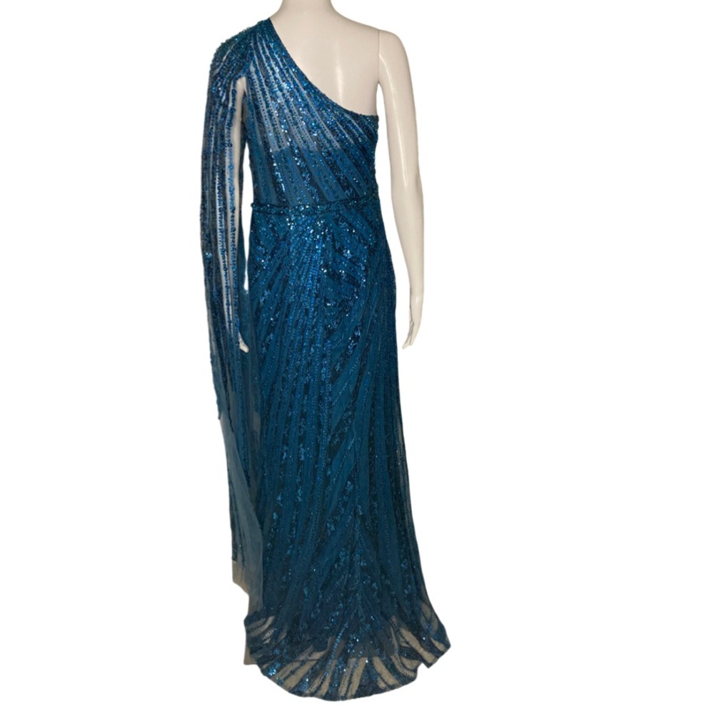 NWT Mac Duggal 20528 Ocean Blue One Shoulder Cape Sleeve Embellished Gown -Sz 12 - Picture 4 of 10